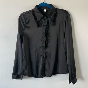 Baifenbai Black Silk long sleeve button down shirt with stone tassels